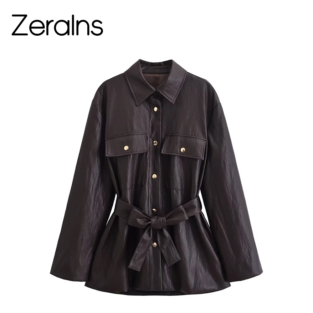 

ZERAINS Winter new women's clothing American style lapel long sleeved jacket with belt PU imitation leather long jacket jacket