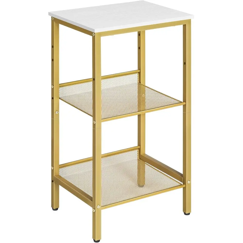 

3-Tier Adjustable Mesh Shelf Side Table, Storage Entryway Table, Suitable for Living Room, Bedroom, Hallway - White & Gold