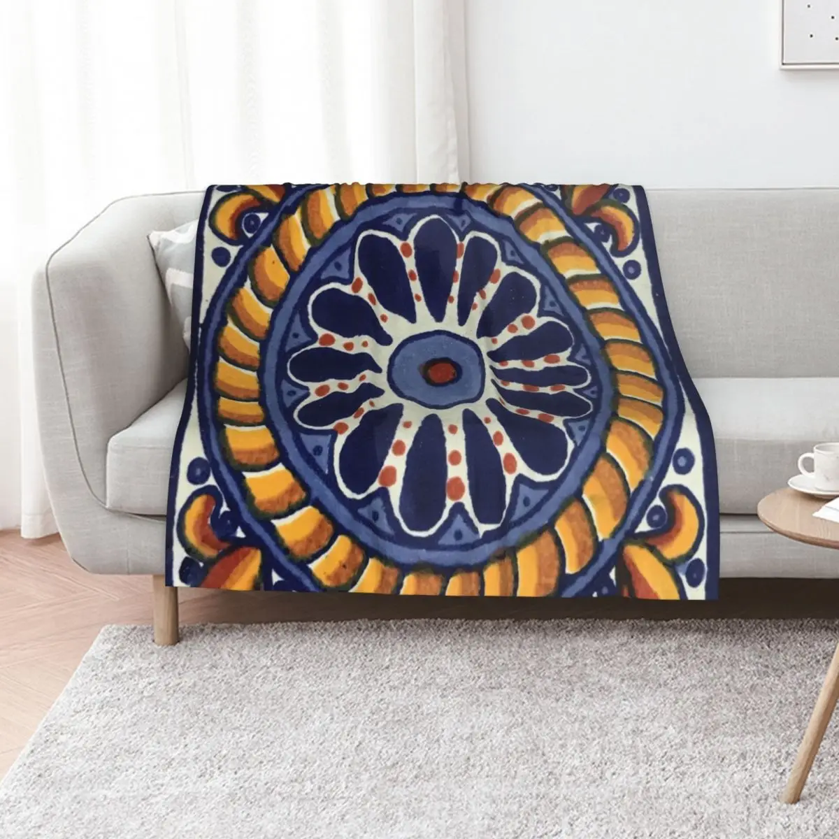 

Blue and Gold Talavera - Rustic Mexican Tile Mandala Throw Blanket Men's Soft Warm Throw Blanket for Couch