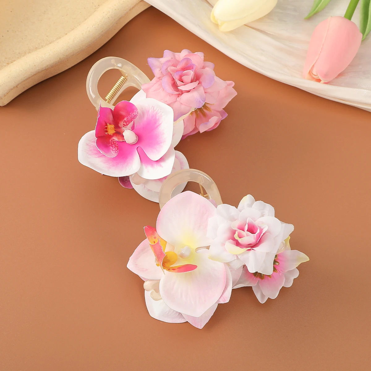 AWAYTR Pink Phalaenopsis Hair Claws Plastic Ponytail Hair Clips Crab For Women Girl Gift Hair Accessories Valentine Headwear