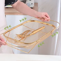 Kitchen Drainage Basket, Stainless Steel Expandable Rectangular Mesh Drainer, Sink Strainer Basket Over The Sink Colander