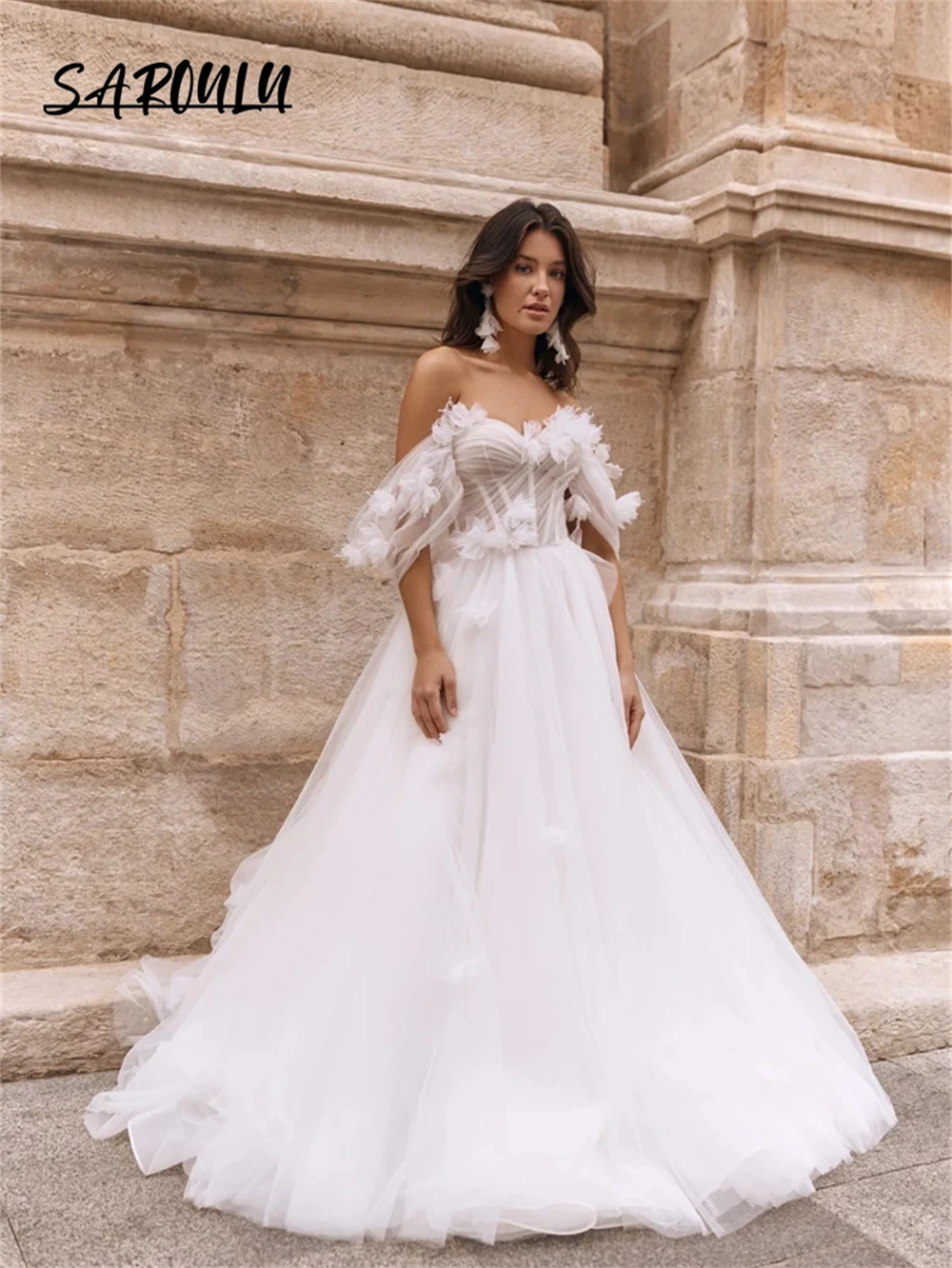 A-line Luxurious Floral Wedding Dress, Off-Shoulder Beach Bridal Gown, Floral Appliques Corset Tulle, Romantic Bridal Gown