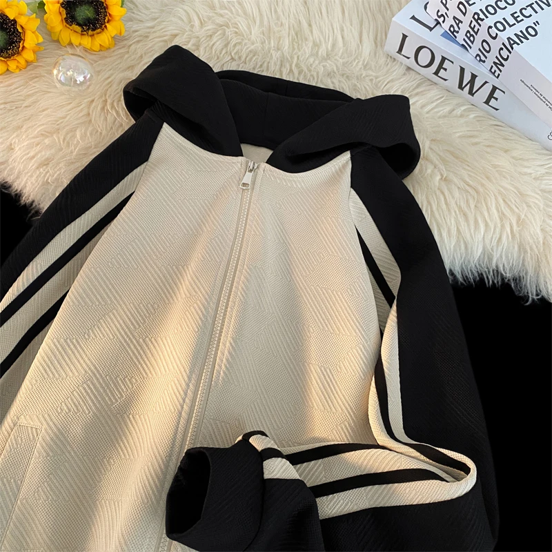 Spring Hoodie Korean Style Oversize Contrast Color Hooded Jacket Trendy Waffle Colorblock Zip Outwear Loose Fit Men Women Hoodie