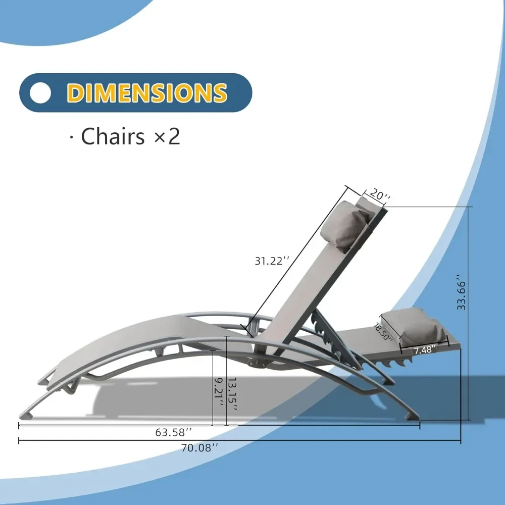 Pool Lounge Chairs Set of 3,Aluminum Adjustable Outdoor Chaise Lounge with Side Table,All Weather Poolside Chairs for Deck