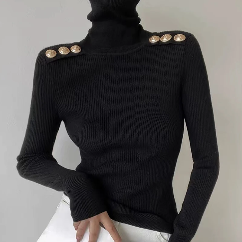 Autumn New Classic Turtlenecks Wool Pullovers Women Long Sleeve Gold Buckle Slim Bottoming Cashmere Sweater Casual Knitwear 300P