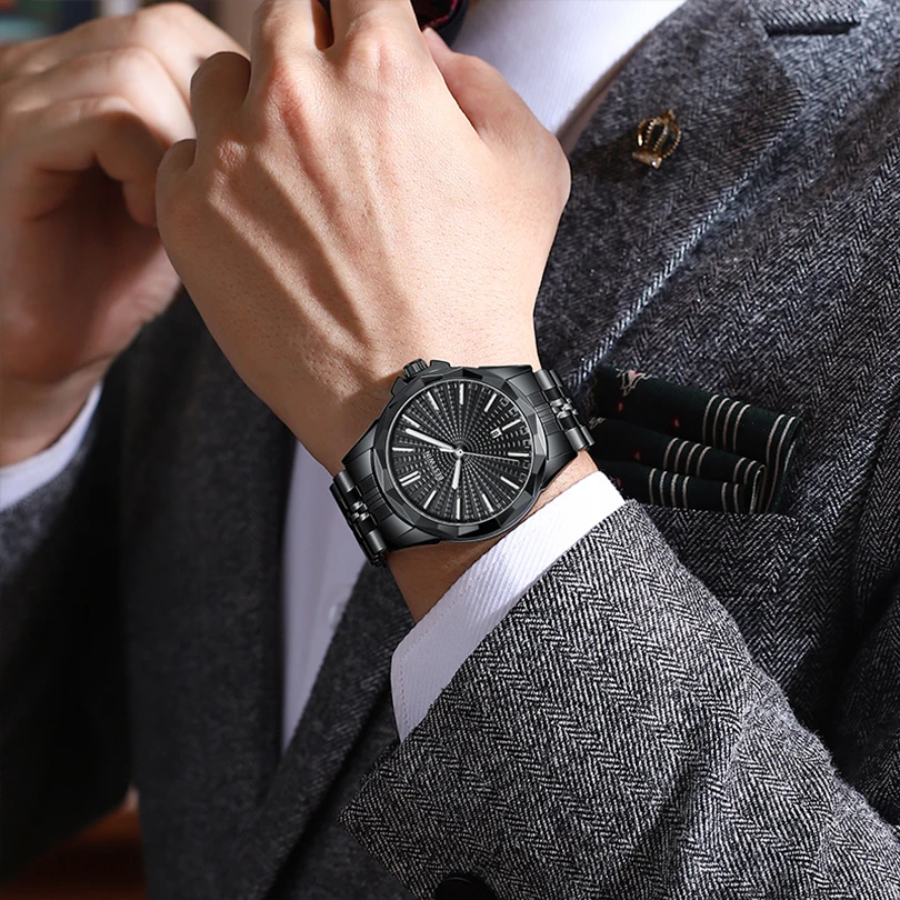 

Luxury Men Watch Male Quartz Wristwatch Classic Black Gold Stainless Steel Band Green Dial Reloj Business Man New Calendar Clock