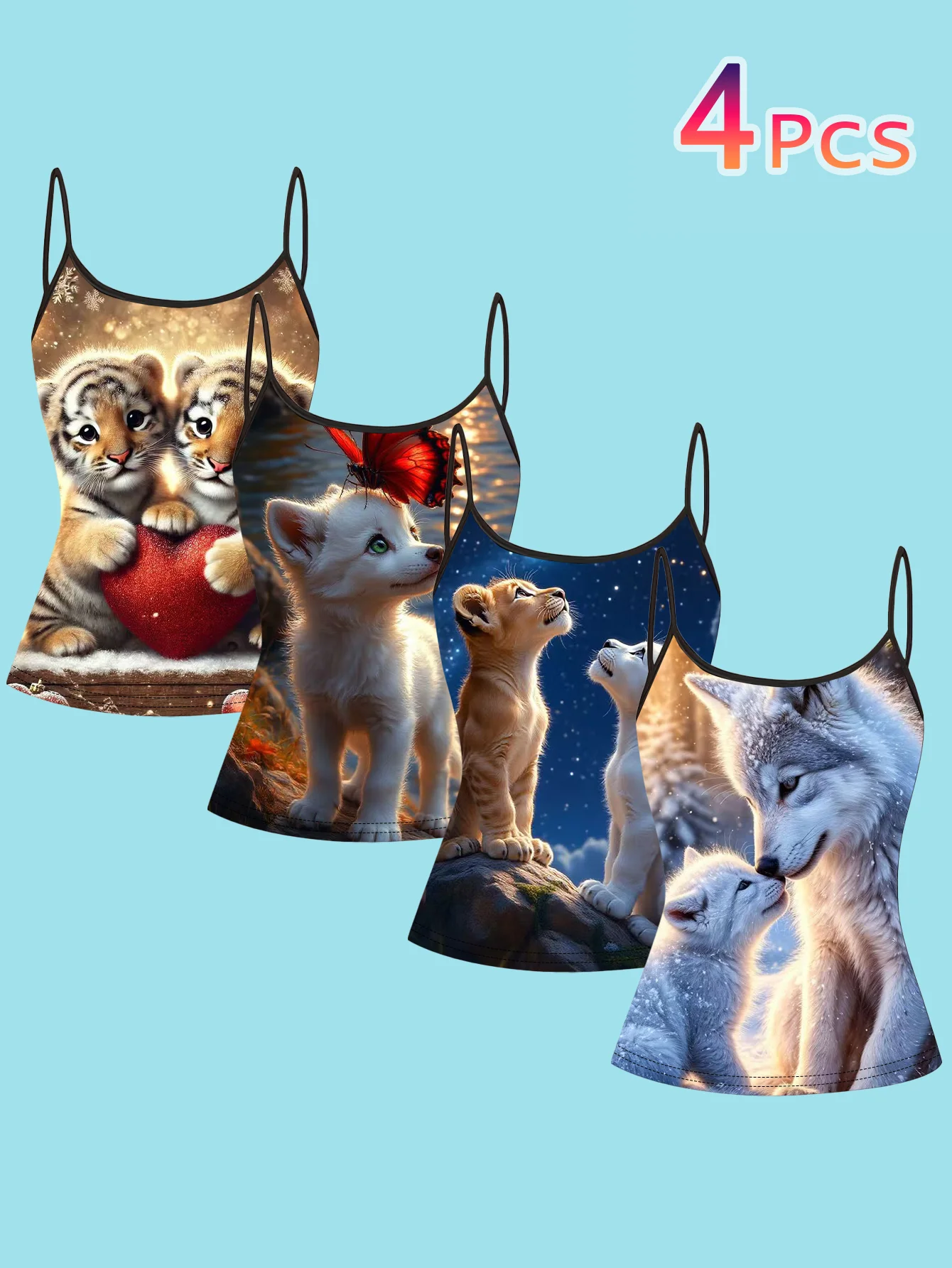 4-Piece Set of Cute Animal Print Camisoles for Women: Little Tiger, White Fox, Baby Lion, Wolf Cub, Adorable Pet-Themed Thin Strap Slim-Fit Sleeveless Tops