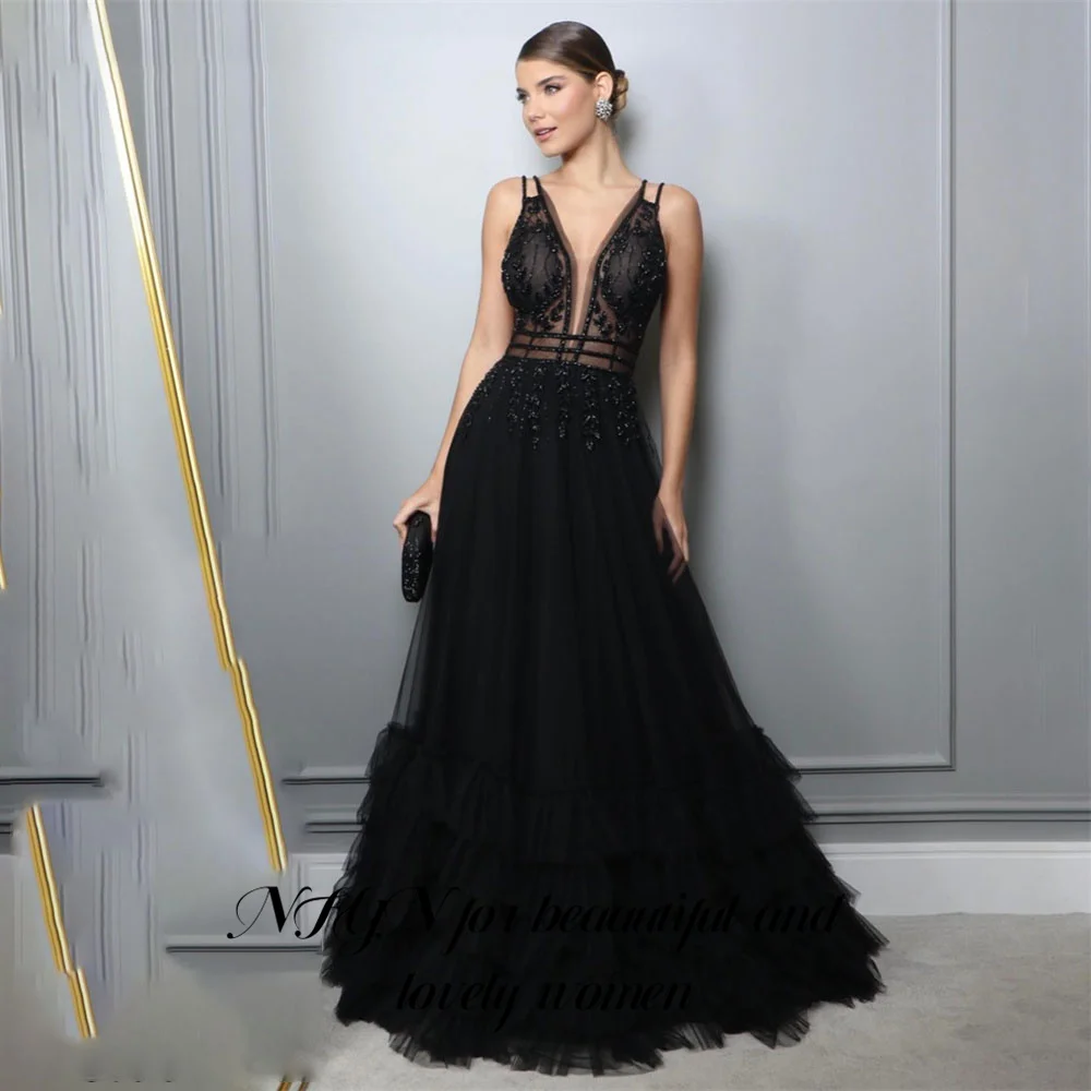 

NFYN A Line Tank Black Evening Dresses Net Beading Sequin Prom Dress V Neck Embroidery Party Dress vestidos de noche Customized