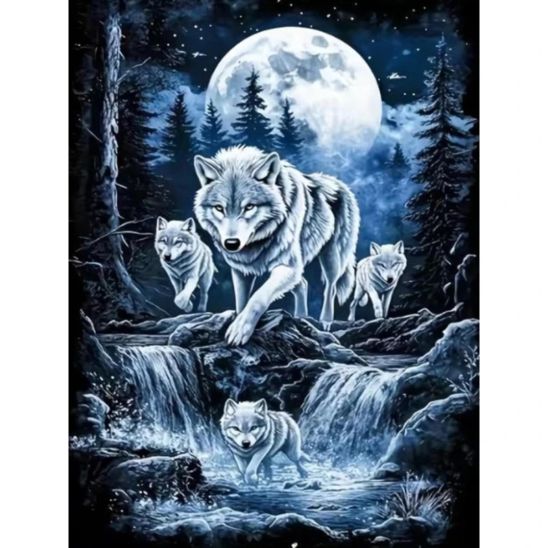 DIY 5D Diamond Painting, Wolf Pack In Moonlit Forest Waterfall Art, Hobby Craft for Home Wall Decor, Ideal Gift for Art Lovers