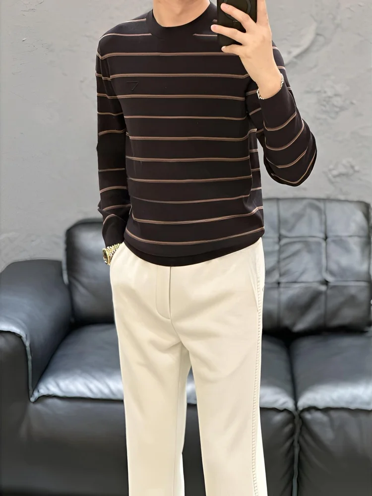 

Men's Slim Fit Long Sve Knitwear round Ne Striped Casual Luxury Sle Autumn Winter New Arrival Faionable Versatile Sw...