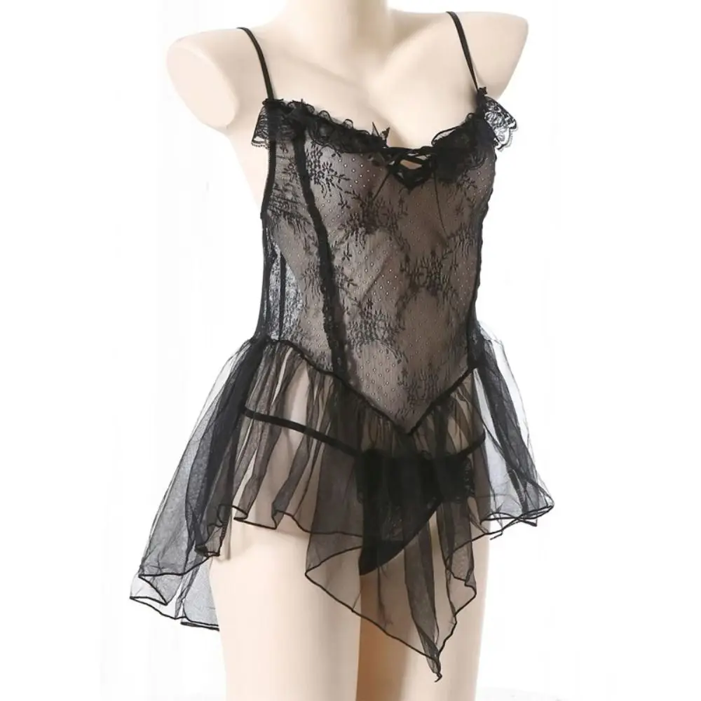 Moda decote em v ver através de renda camisola babado bowknot sling noite vestido transparente bainha irregular renda malha camisola sono