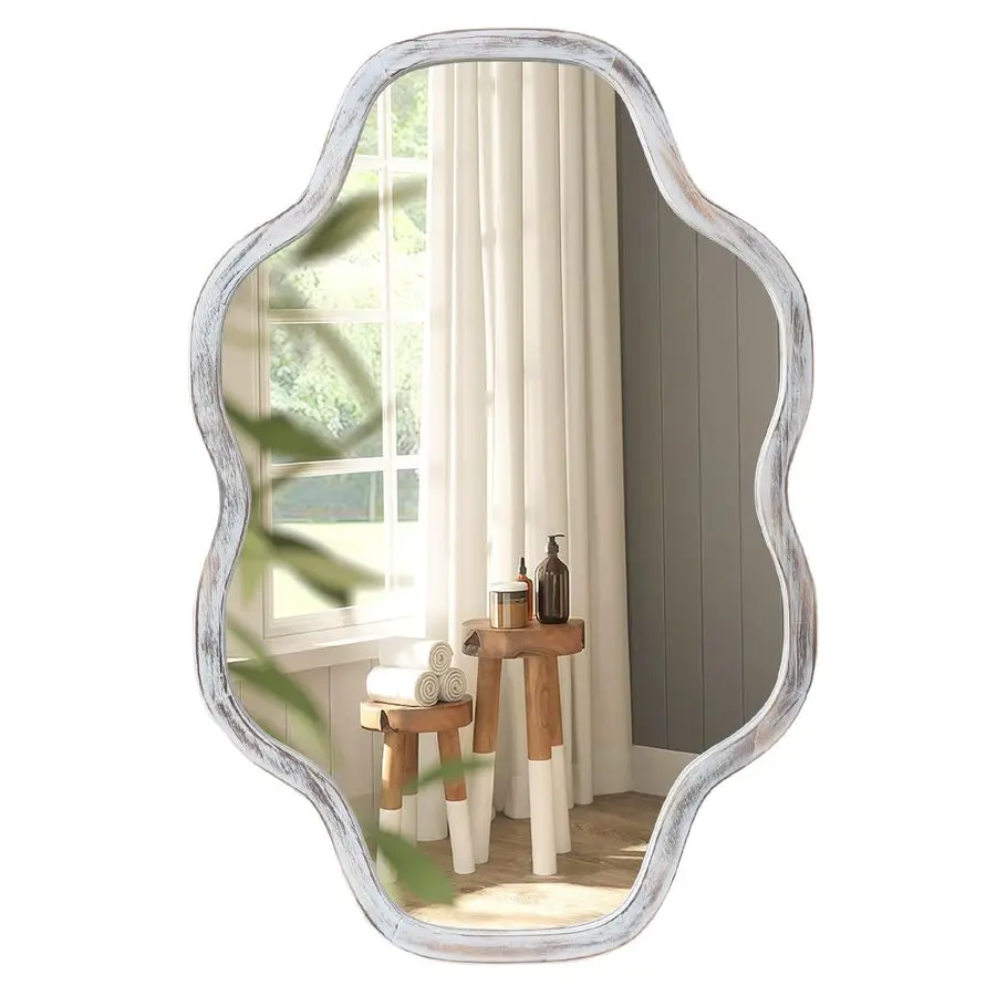 

Wall Mirror 24x36 White Wavy Natural Wood Frame Irregular Cloud Shape Vanity Mirror for Bathroom Bedroom Living Room Entryway