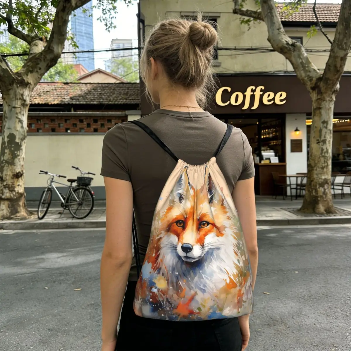 

Cute Little Fox Watercolor Painting Backpacks Fashion Drawstring Bags Sports Bag Book Bags for Travel Students