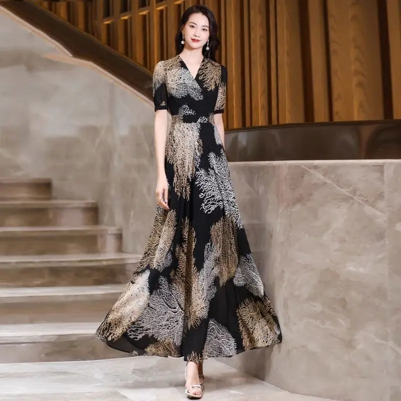 

Модное летнее платье для женщин с принтом, элегантное, с V-образным вырезом, прозрачное, с короткими рукавами, элегантное повседневное винтажное длинное платье А-силуэта TS955