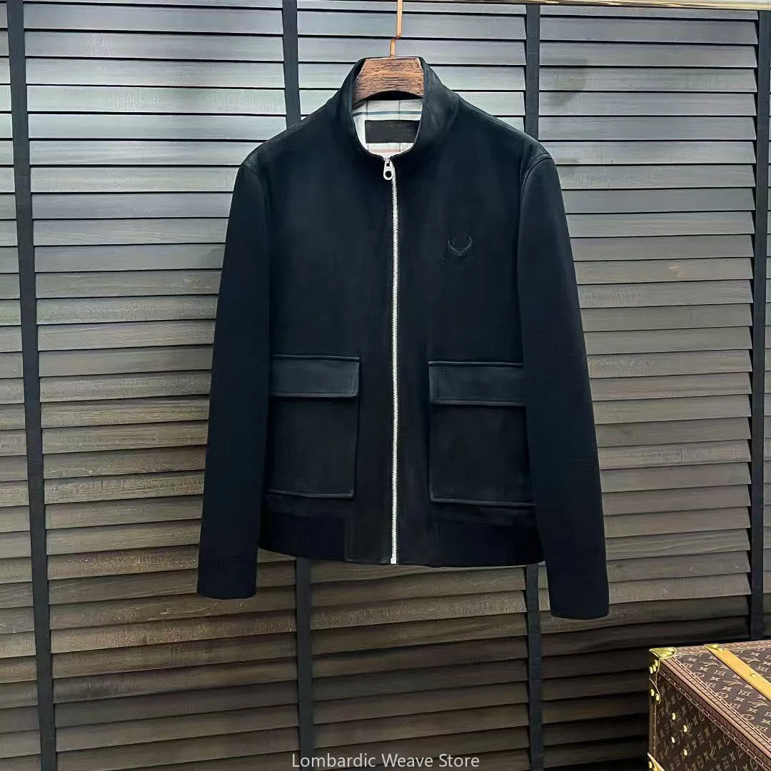 سترة LP من جلد الغزال الإيطالي برقبة واقفة وأكمام محبوكة كاجوال مطرزة #3