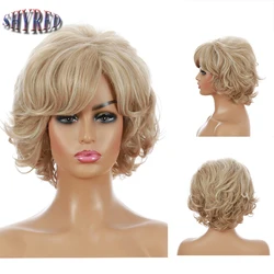 Short Blonde Nature Wavy Synthetic Wig Heat Resistant Fiber Wig With Bang Nature Looking Wig For Women Daily Party Use