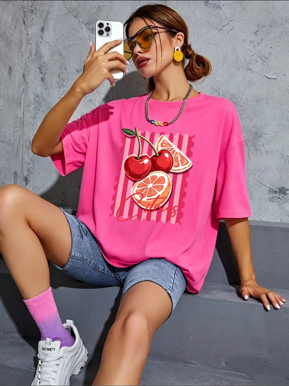 Rote Kirsch-Zitrus-Bedruckte T-Shirts aus Baumwolle für Damen, Sommerliche Oversize-Oberteile, Basic O-Neck Kurzarm-T-Shirts, Lässige Weiche Kleidung – Detail 22