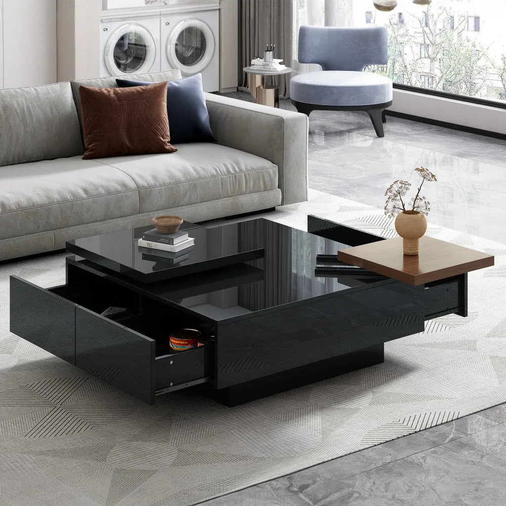 

Movable Top Coffee Table, Modern Square Wood Coffee Table with High Gloss finish, 4 Hidden Storage Drawers for Living Room