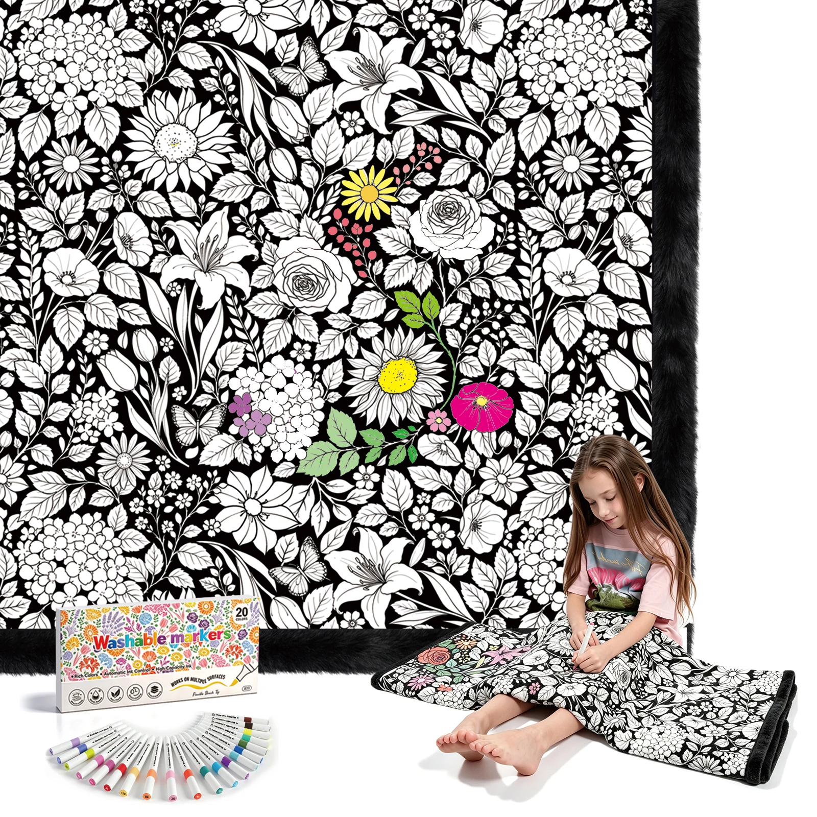 Royamoon Washable Coloring Blanket with 20 Markers,40x60 Inch Cozy Doodle Mat,DIY Crafts Home Decor Gift for Kids & Adults (Flower)