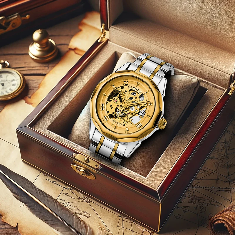 

Мужские серебристо-желтые полностью автоматические механические часы в деловом стиле с позолоченным стальным ремешком