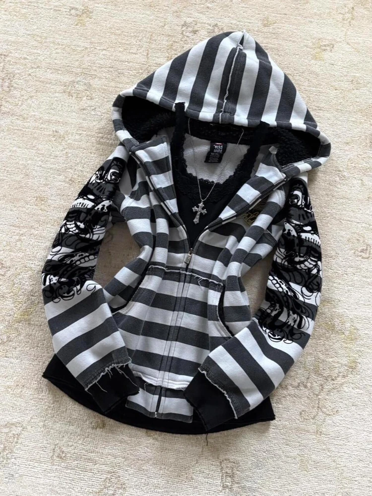 

Subculture Hot Girl Slim Long Sleeve Striped Coat Autumn Gothic Zipper Hooded Hoodie Women's Y2k Aesthetic Vintage Overcoat New