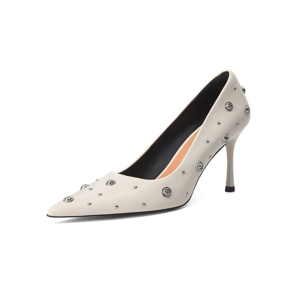 

Women Beige Genuine Leather Floral Studded High Heels Comfortable Pumps
