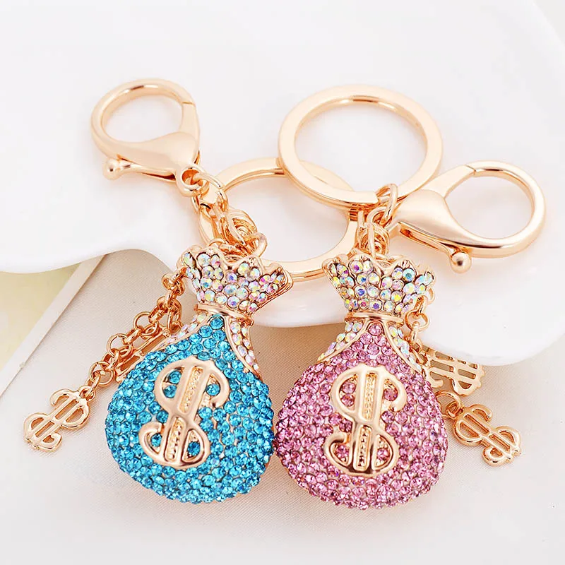 Alloy Rhinestone-encrusted $ Money Bag Keychain – Women's Bag Accessory & Car Keychain