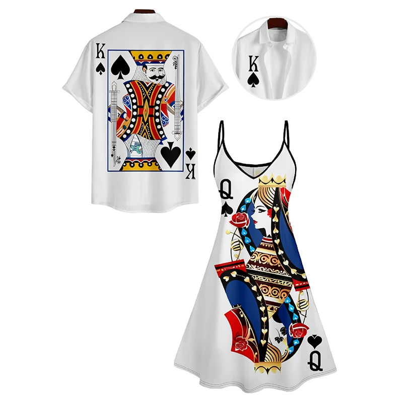 Dressfo 2024 stampa di carte da gioco da donna con scollo a V a vita alta abito con spalline sottili e camicia con maniche arrotolate vestiti di coppia