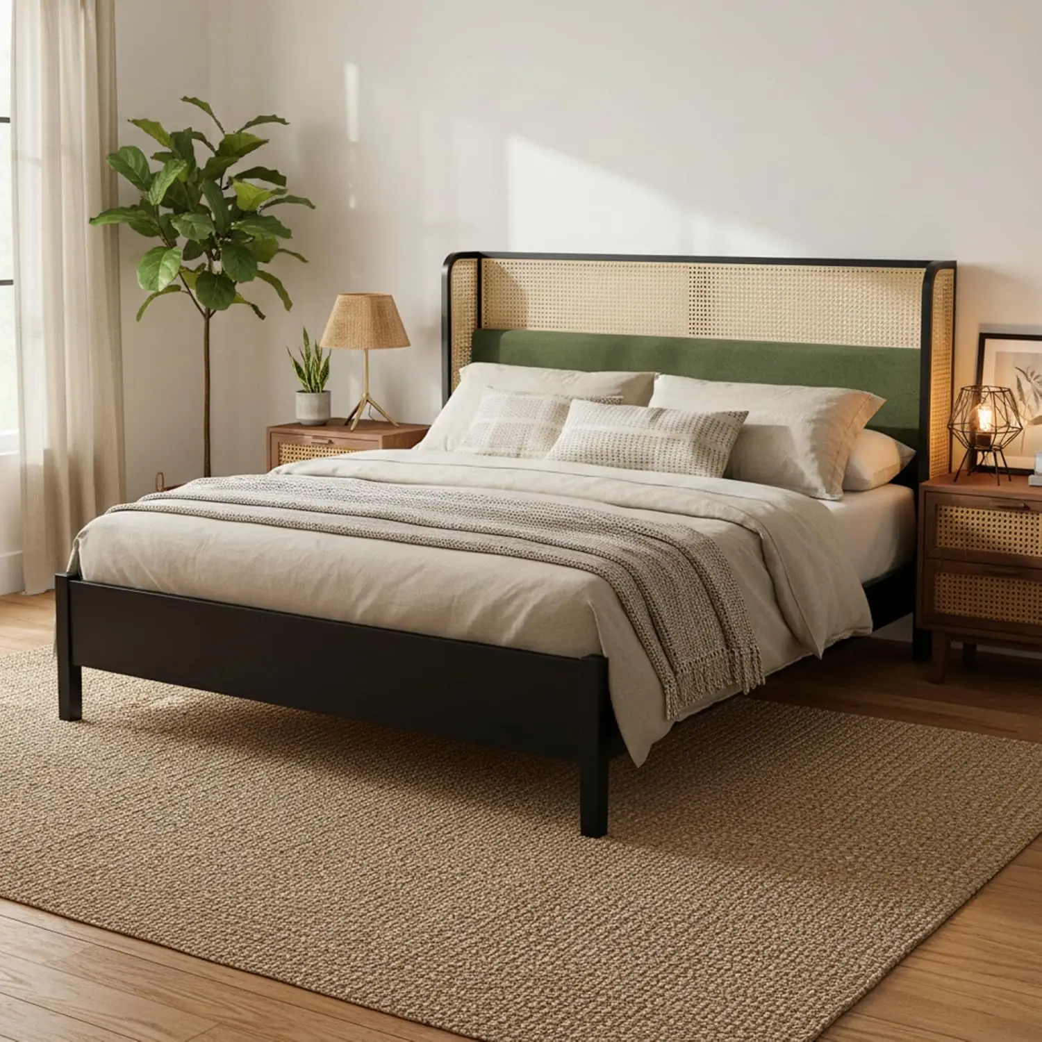 Solid Wood Platform Bed King Rattan Headboard High Wingback No Box Spring Black Green, Customized