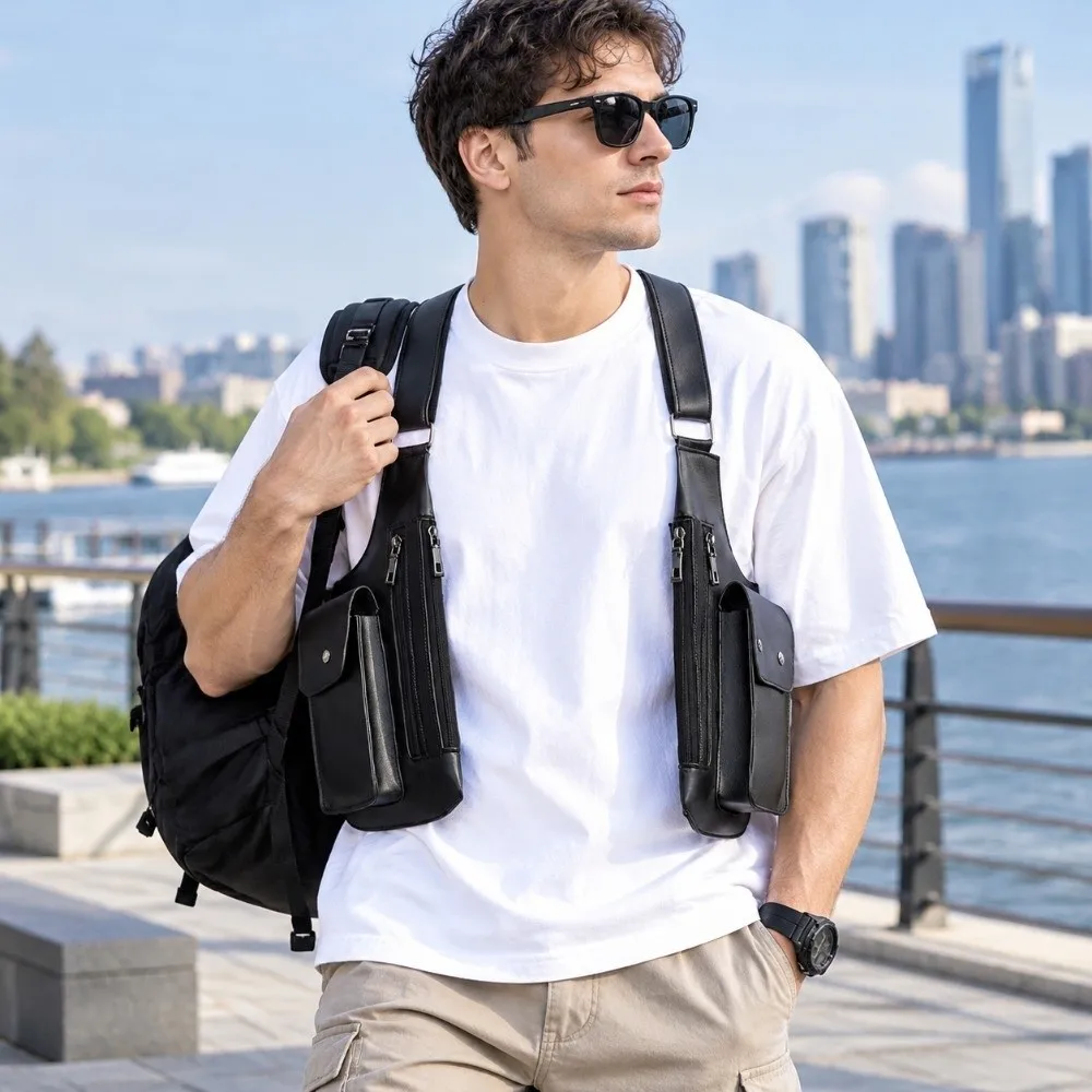 Casual PU Leather Men Chest Bag Adjustable Strap Waterproof Double Pocket Backpack Lightweight Vintage Vest Bag Hiking