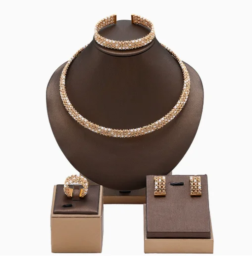 

18K handmade bead with off white pearl collar bracelet 4-piece set, new Chinese style jewelry set
