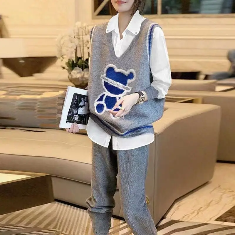 Casual Little Bear Bow V-Neck Sweater Vest Stylish Polo-Neck Chiffon All-match Patchwork Autumn Winter Korean Knitted Jumpers