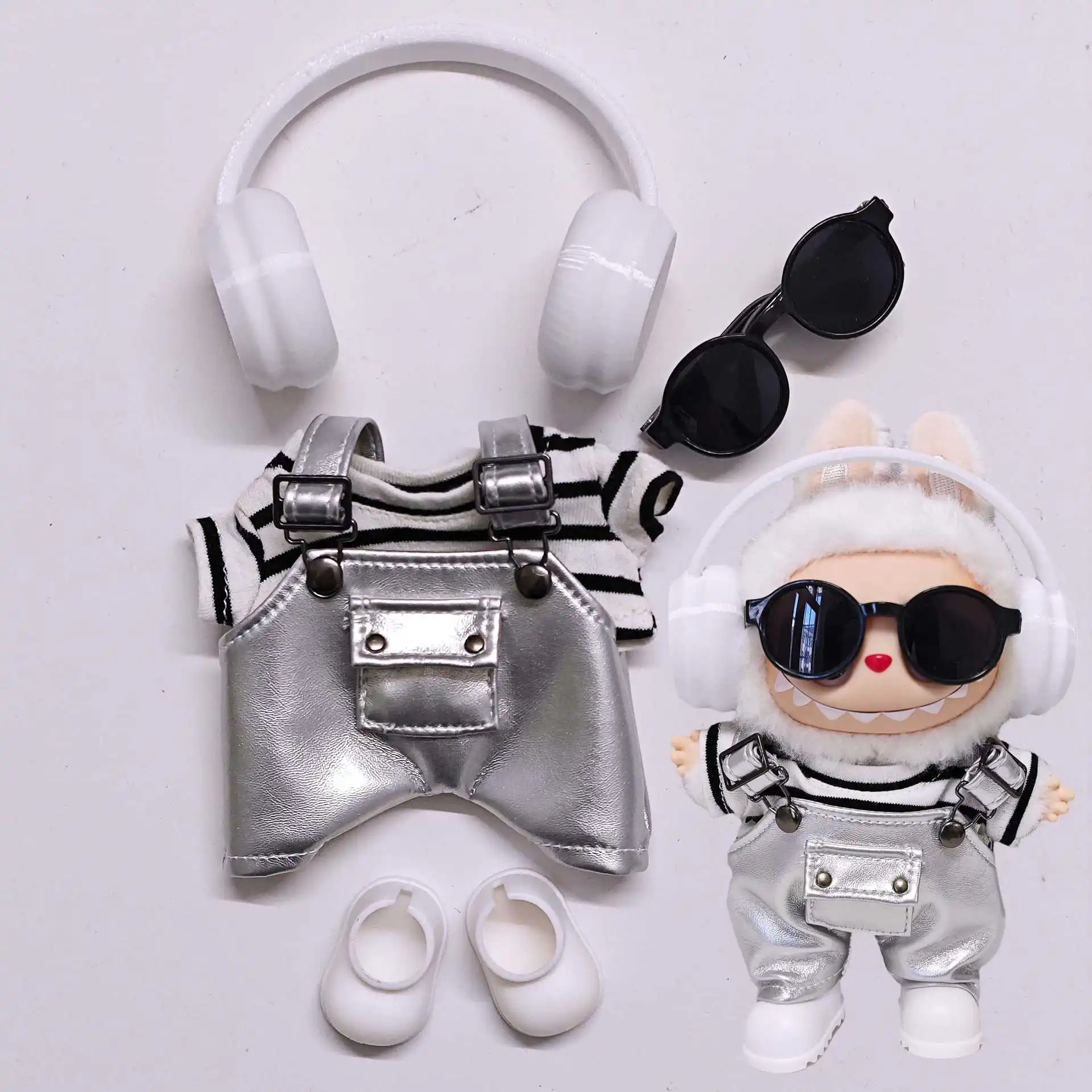 

Clothes For Labubu 1st-3rd Gen 15/17cm Dolls Edgy Silver Outfit - Striped Sleeveless Top Metallic Overalls & Cool Accessories