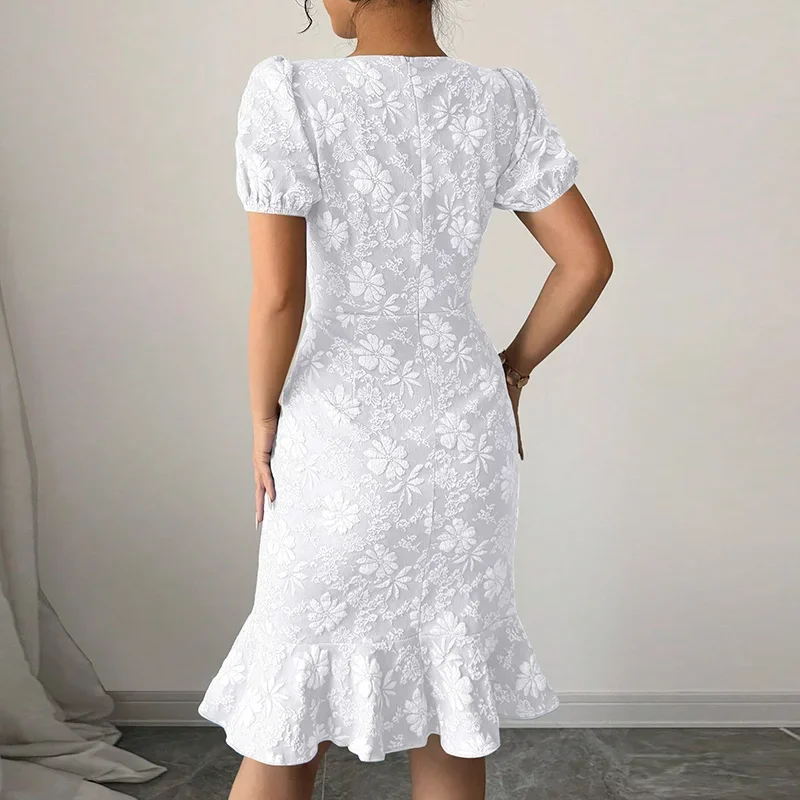 Women O-Neck Embroidery Ruffle Party Dress Summer Floral Casual Short Sleeve Solid Slim Wrap Hip Dreses Vacation Temperament