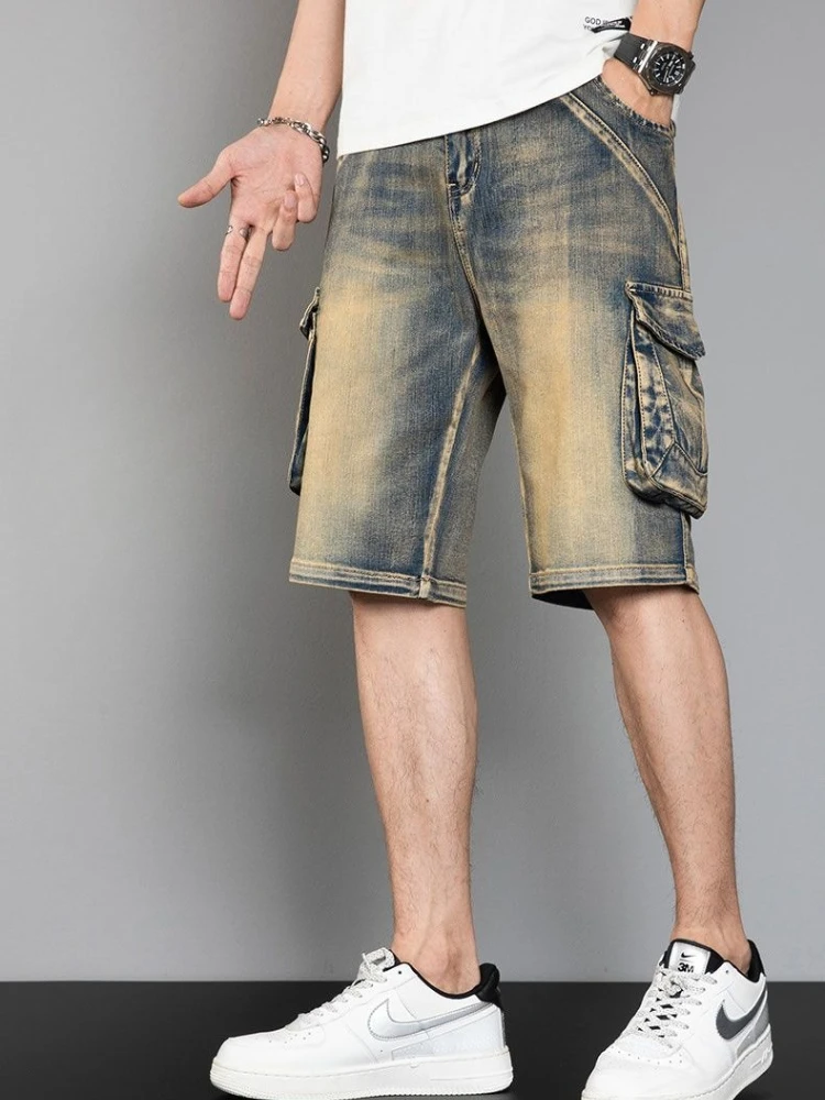 Men's Vintage Washed Cargo Shorts Multi-Pocket Loose Fit Mid-Thigh Length for Plus Size Trendy Summer