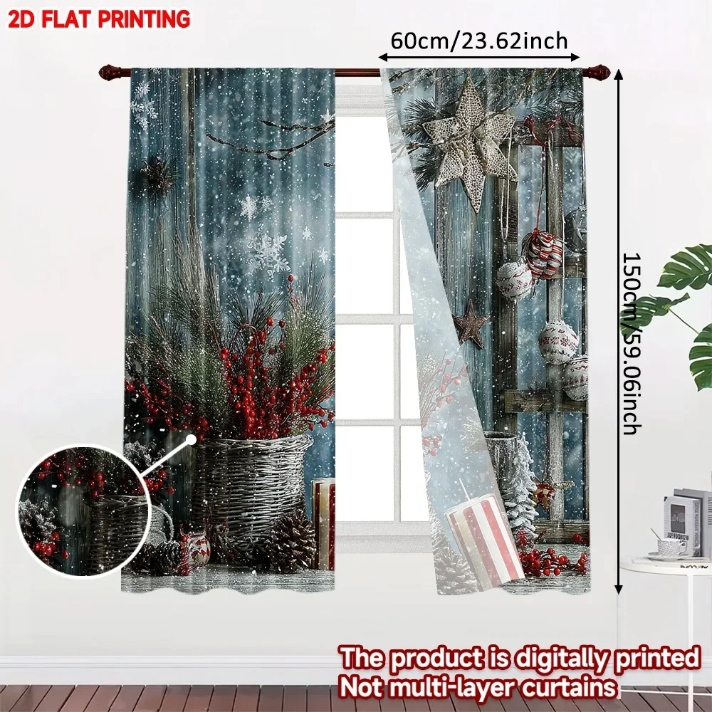 2pcs Winter Snowscape Curtains 2D Flat Digital Printing,Red Berries Pine Branches with Snowflakes Stars for Cozy Christmas Decor