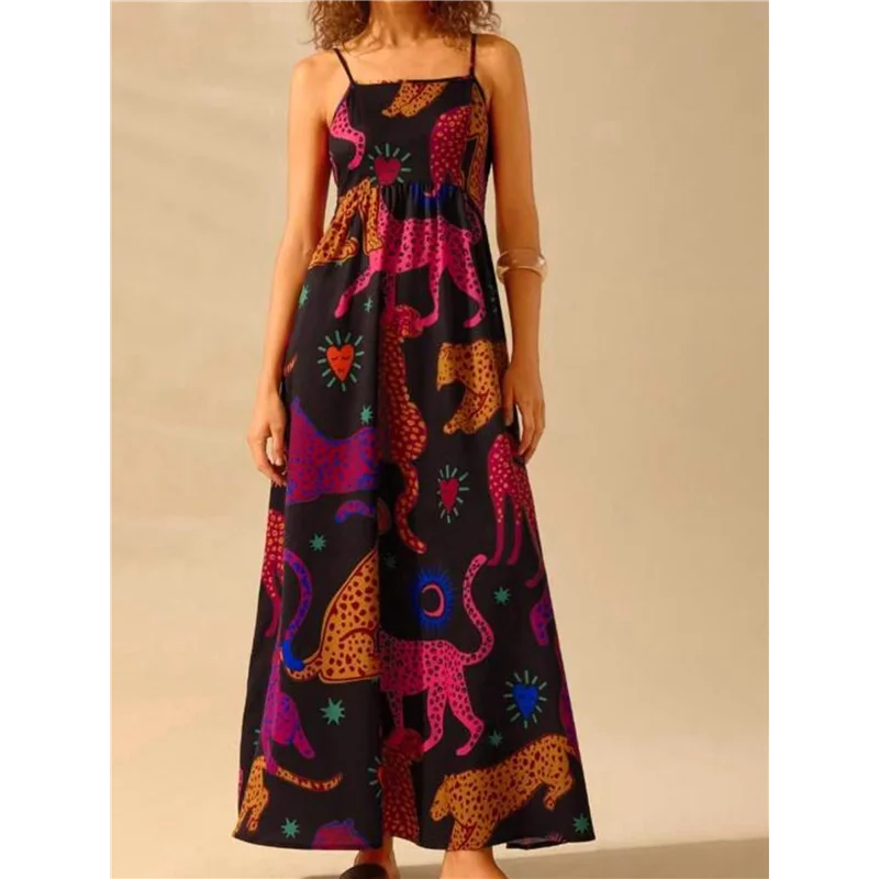Abito lungo floreale estivo da donna 2025 senza maniche con cinturino per spaghetti stampato abito lungo da spiaggia Boho smock