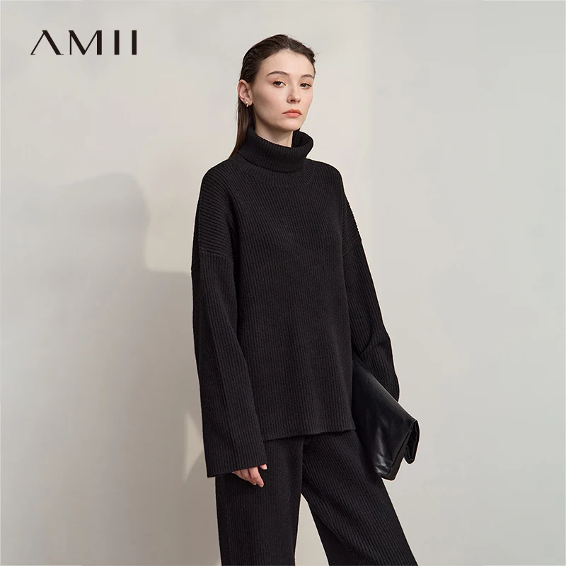 Sweter damski Amii 2025 Zima Nowy Ciepły Sweter Komfortowy z Golfem Luźny Sweter Damski z Długim Rękawem Dzianinowy 12544070