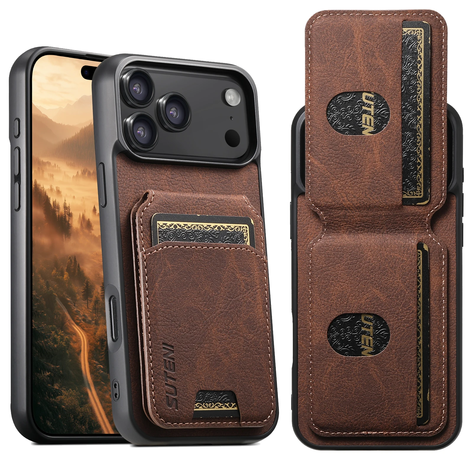 SUTENI Lychee-Textur Luxus-Kunstleder-Standhülle mit Kartenhalter und Mattiertem Finish für iPhone 18 Pro Max 17 16 Plus 15 14 13 12