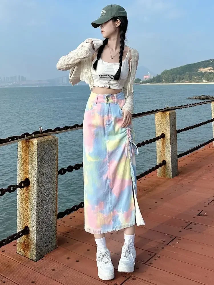 

Tie Dye With Slit Jeans Skirts for Women Korean Fashion Woman Denim Skirt Vintage Aesthetic Cheap Summer 2025 Clothing Sales Y2k