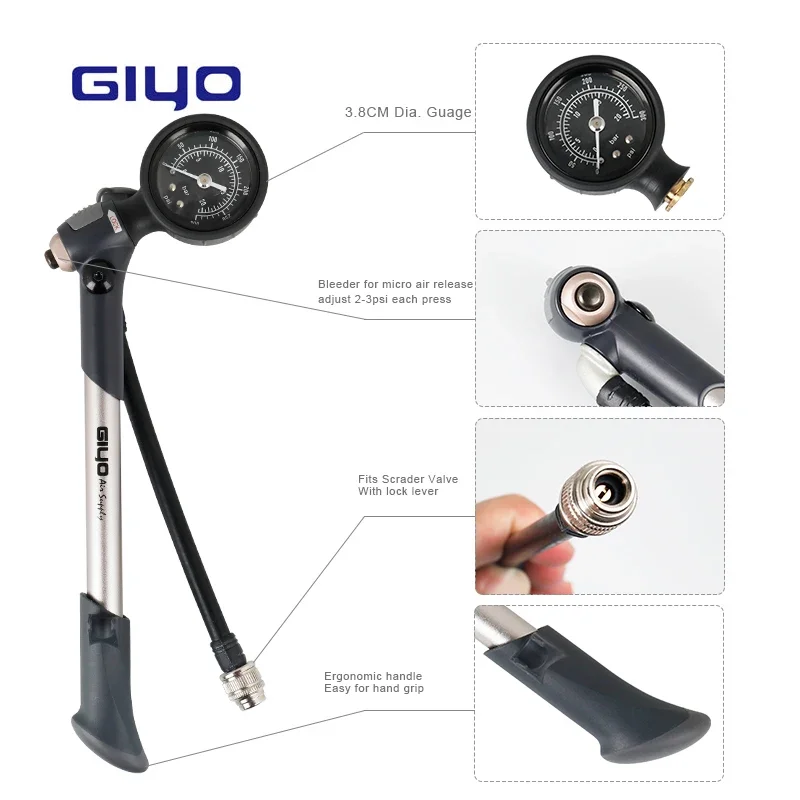 GIYO 300PSI Inflator Bicycle Pump To Inflate Fork Shock Fits Schrader With psi/bar Removable Gauge Bleeder Foldable Hose GS-03S