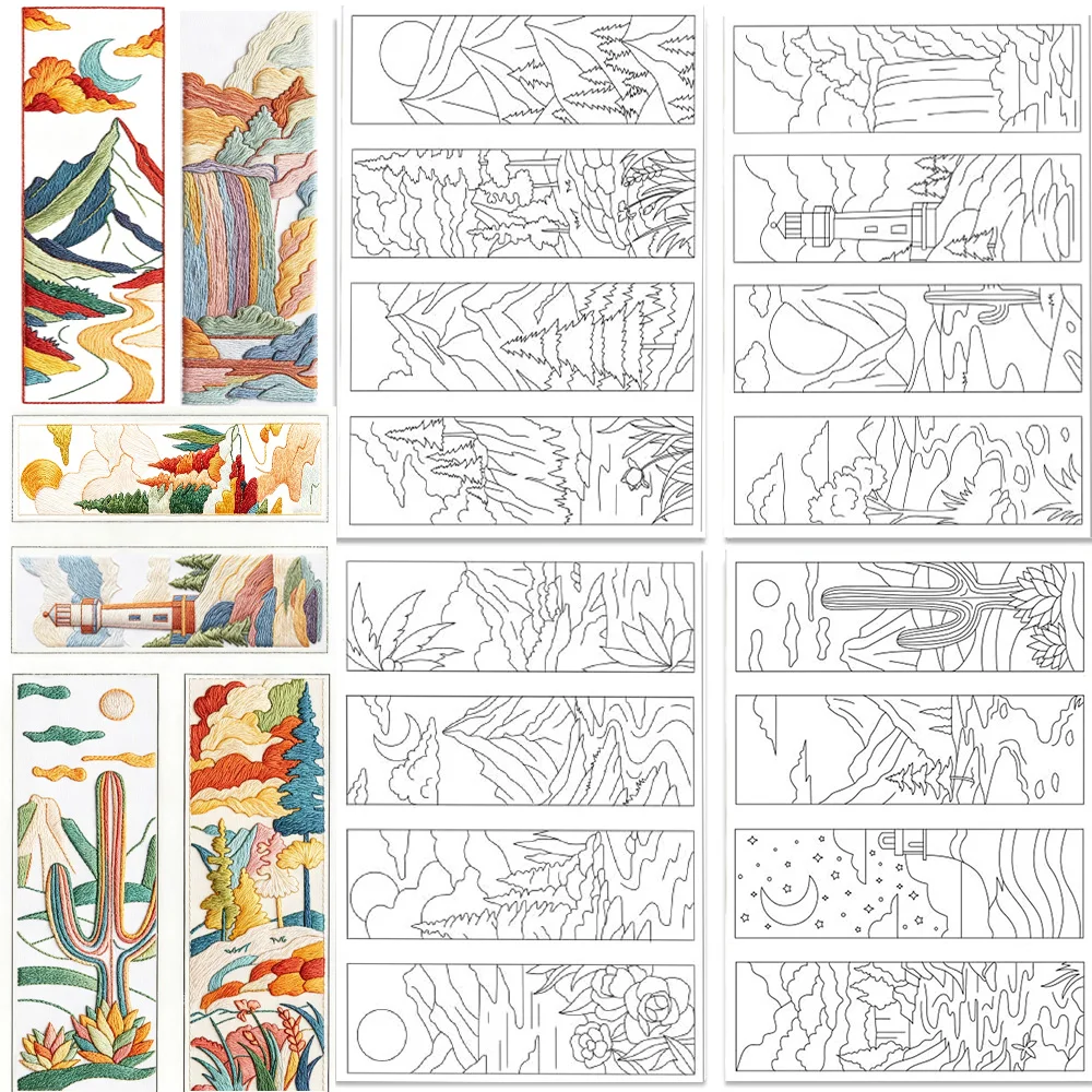 Stabilisateur de broderie hydrosoluble, papier à broder, motifs de paysages pour marque-pages DIY, couture à la main pour débutants