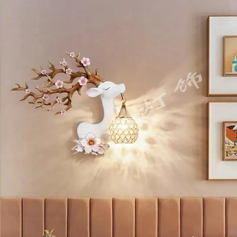 Modern Creative Resin Wall Lamps Chinese Style Fortune Seeking Deer Living Room Decorative Lighting Sofa Background Wall Lights