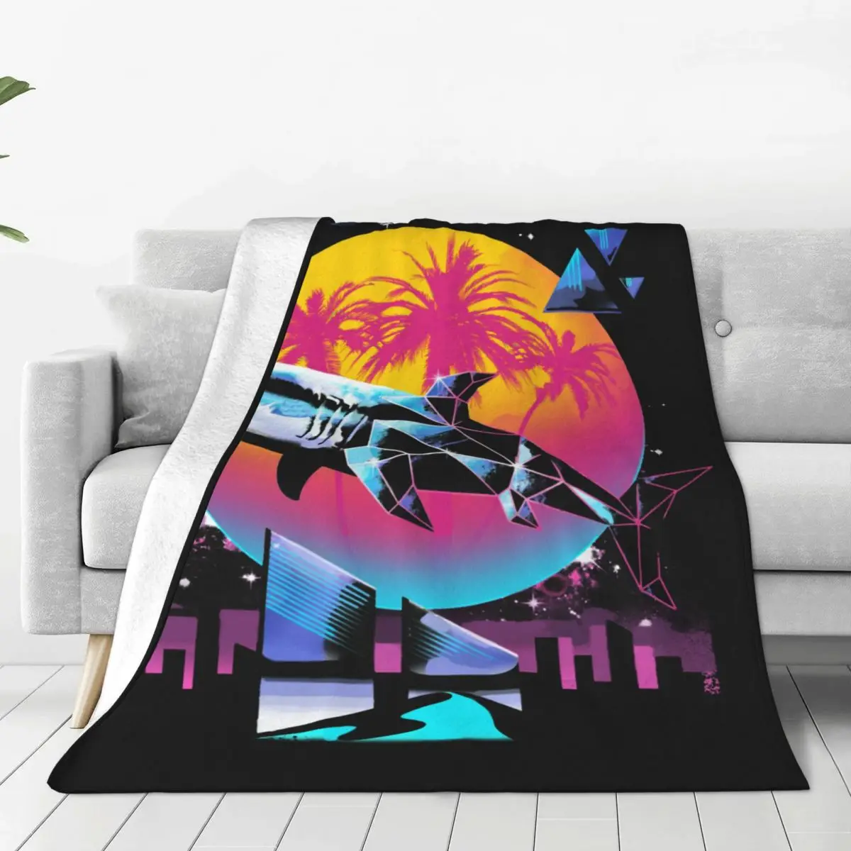 80s Synthwave Vaporwave Cyberpunk Punk Retro Neon Cool  Fleece Throw Blankets Rad Shark Blanket for Home Outdoor Warm Bedspread