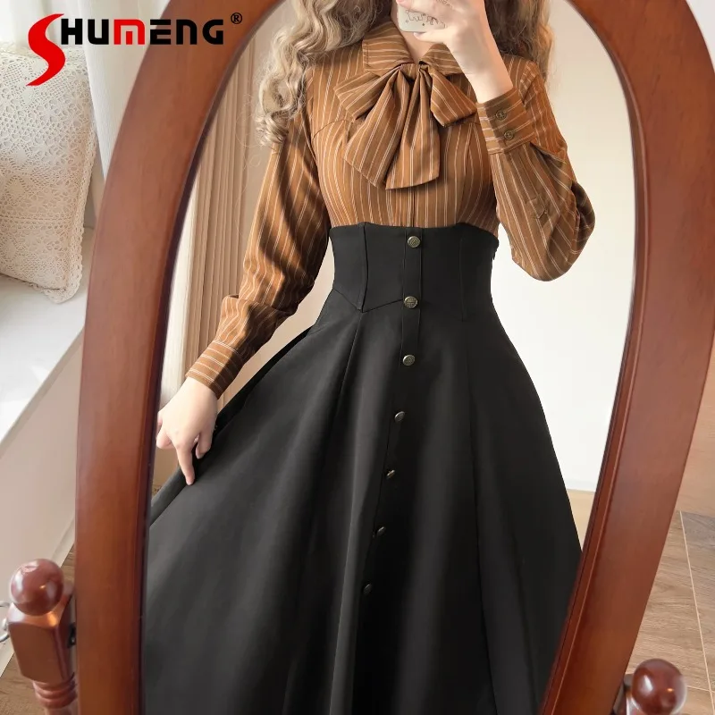 

Lolita Commuter Style Waist-Cinching Striped Blouse Versatile Slim Fit Long-Sleeved Bow Shirt Top Lolita Kawaii Y2K Blusas Women