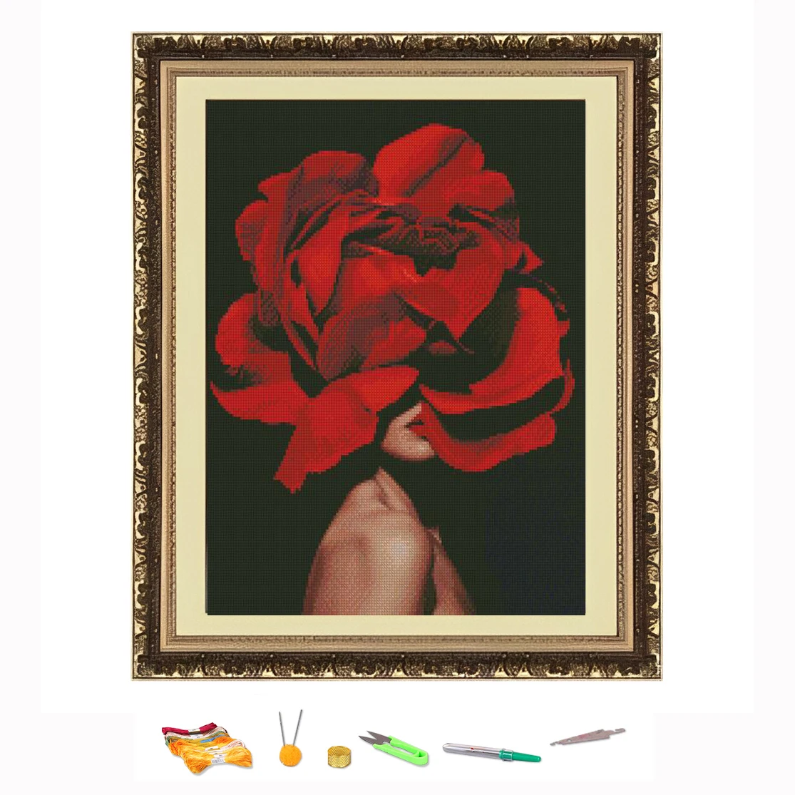 Cross Stitch Embroidery Kits Woman With Red Roses Thread Painting DIY Needlework Set Counted Printed on Canvas 11CT Decorate