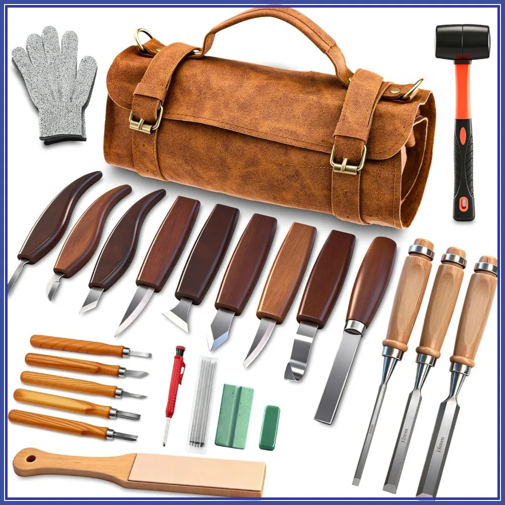 

Deluxe Wood Carving Kit, 25-Piece Tools with Leather Bag for Beginners and Hobbies