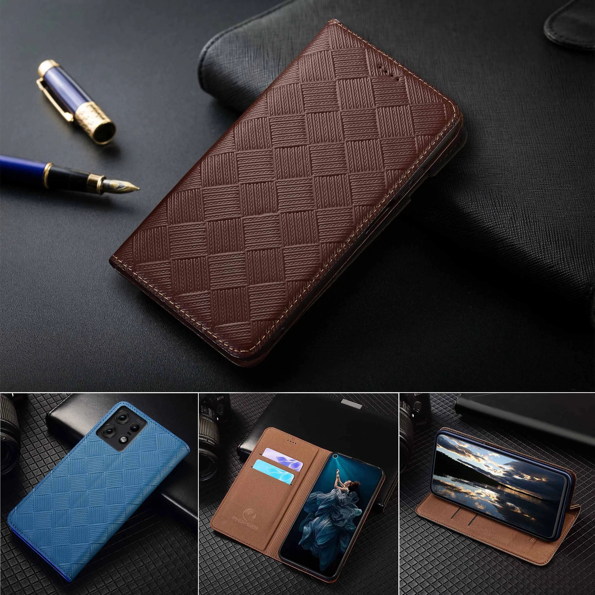 

For Moto G24 G30 G31 G32 G34 G35 G41 G42 G45 G50 G51 G52 4G 5G Knit Pattern Of Genuine Leather Flip Phone Cover Case Cowhide