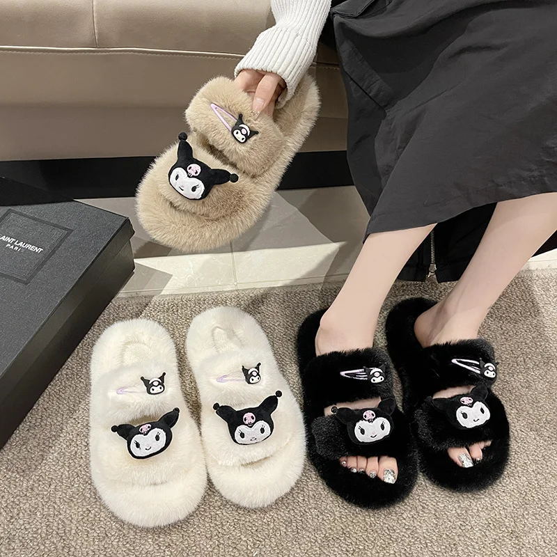 Sanrio autumn and winter Kulomi cute warm home women's shoes cartoon heightening non-slip plush toe cotton slippers