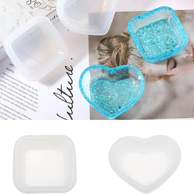 Heart Shape Small Storage Box Resin Mold,Square Shape Jewelry Mini Bowl Silicone Mold, Cute Decorative Dish Containers Epoxy Cas